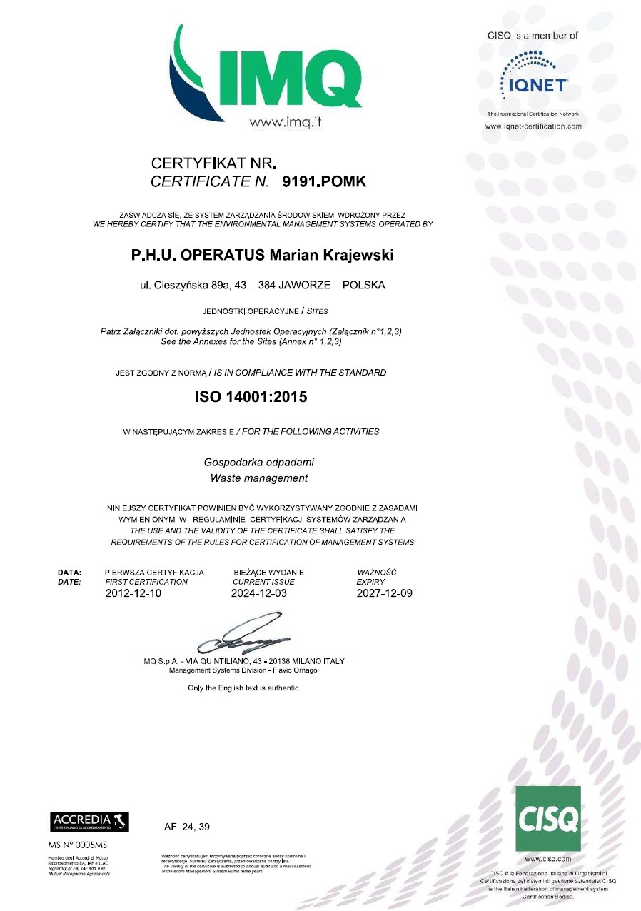 Certyfikat ISO 14001